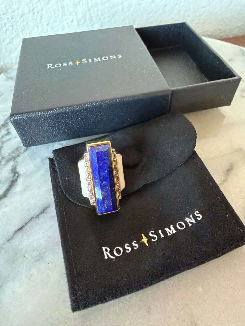NIB WOW Art Deco Lapis & White Topaz Enamel in 18kt Gold Over Sterling - 5 -5.25